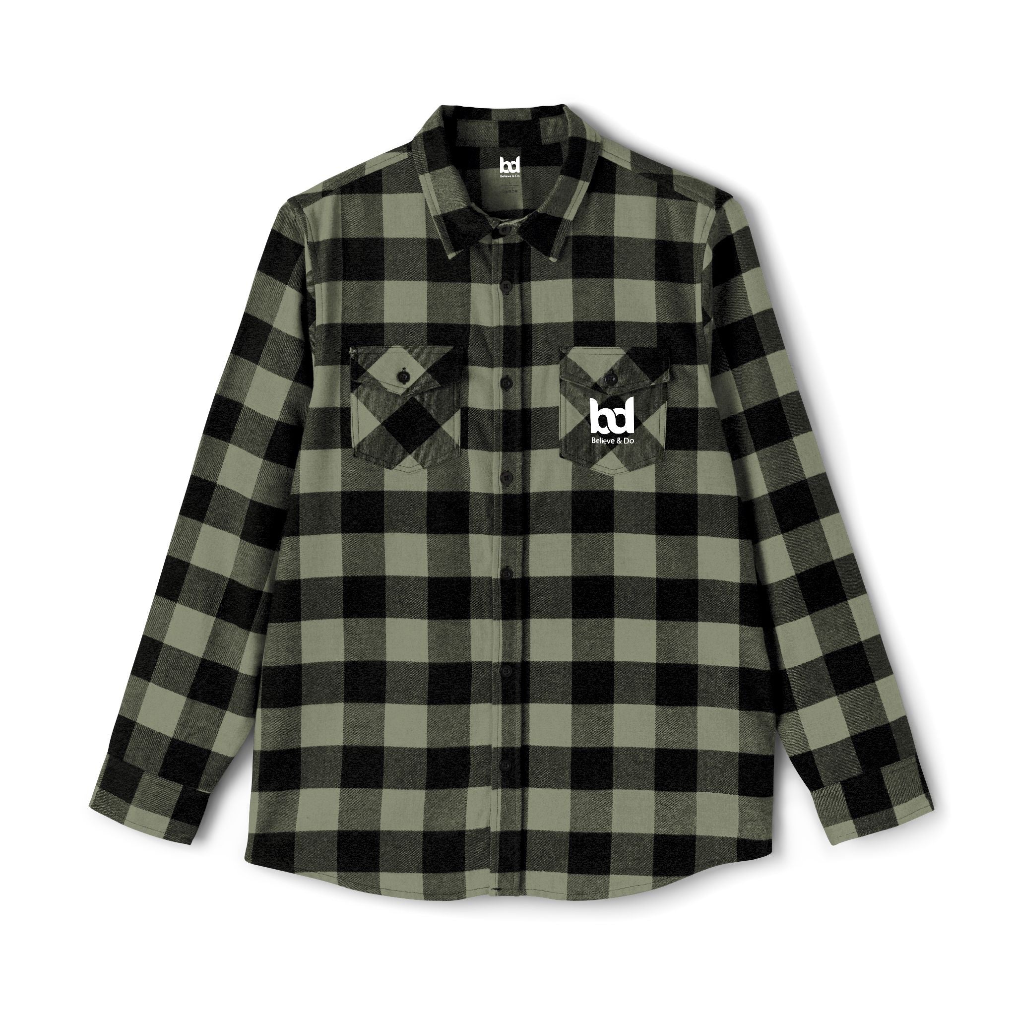 Cozy Comfort with a Purpose: The "Believe & Do" Unisex Flannel Shirt - Cozy Black and Green Plaid Design for Everyday Wear