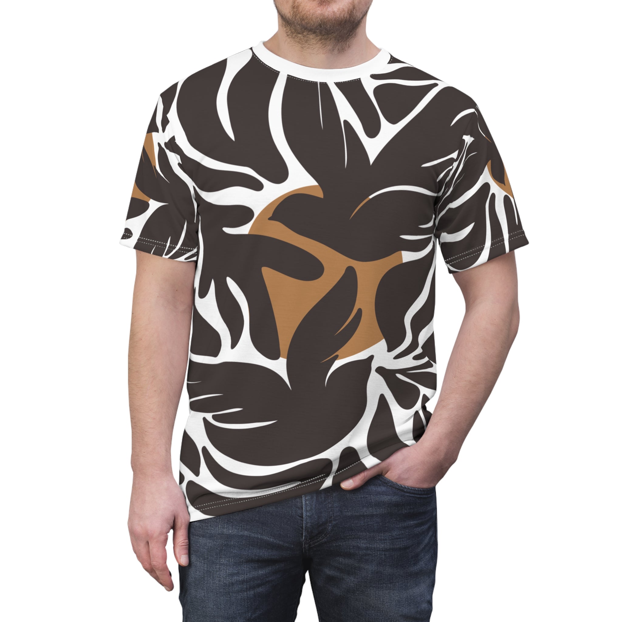 Stylish Unisex Cut & Sew Tee with Tropical Leaf Print