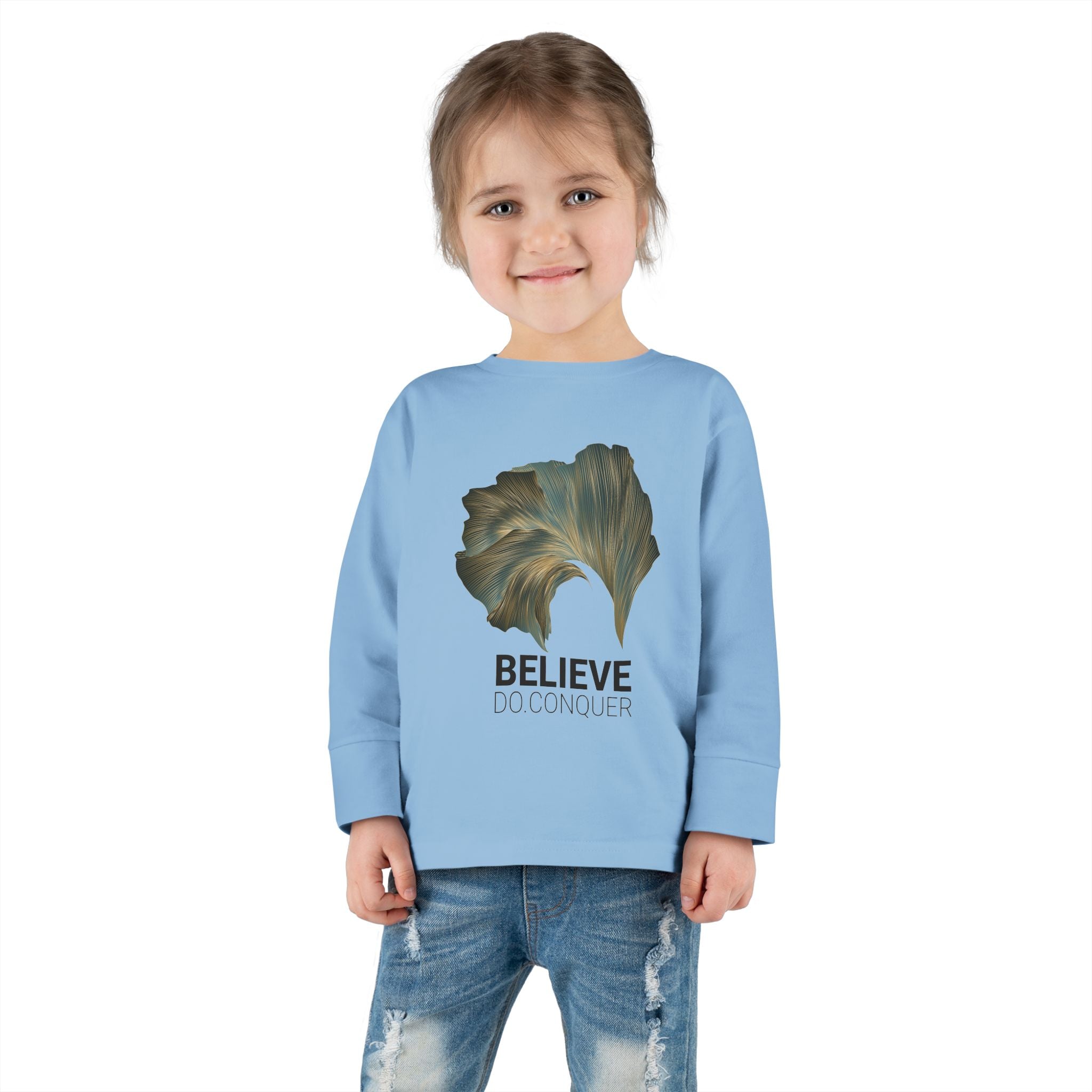 Inspirational Toddler Long Sleeve Tee - "Believe Do Conquer"