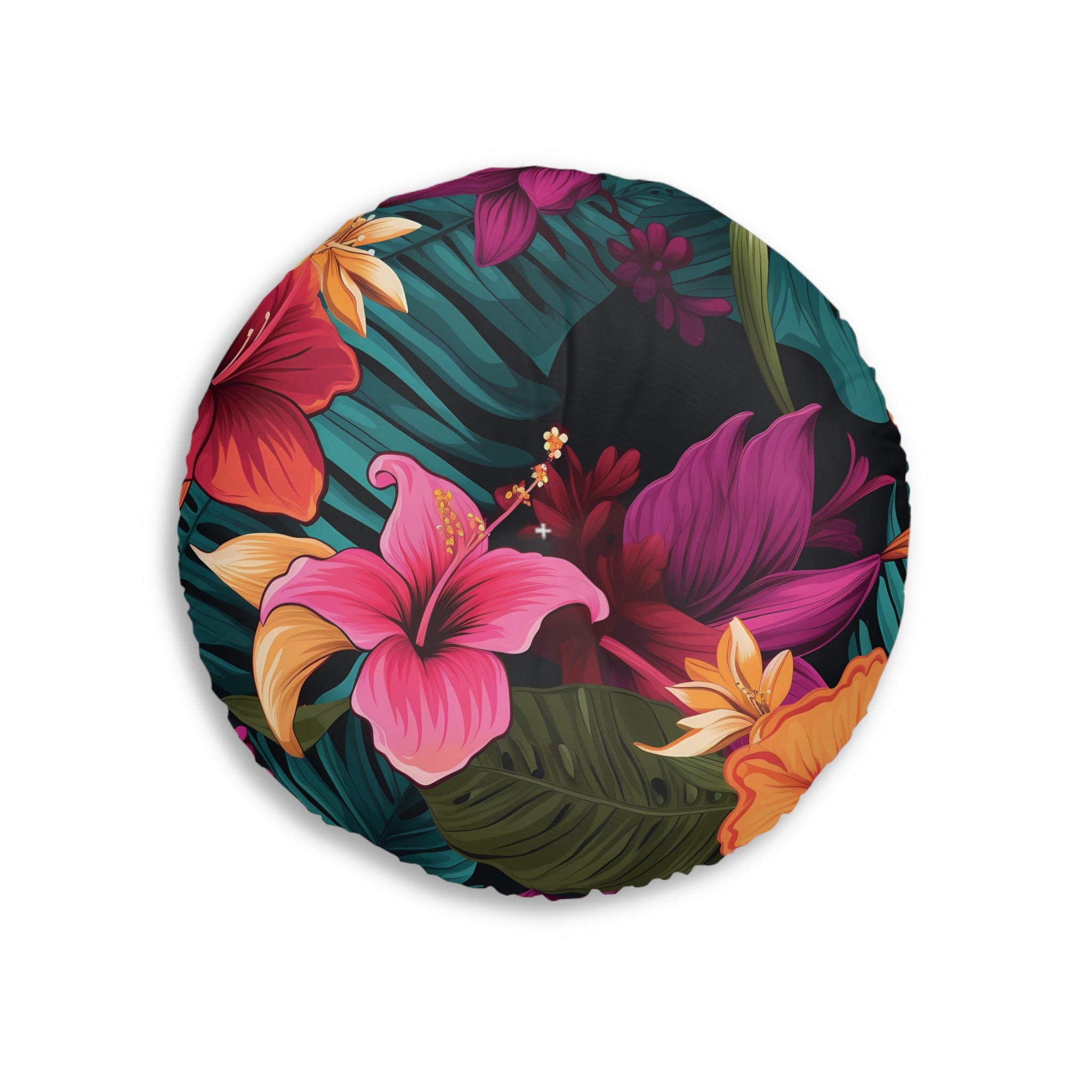 Tropical Hibiscus Round Tufted Floor Pillow - Boho Chic Home Decor