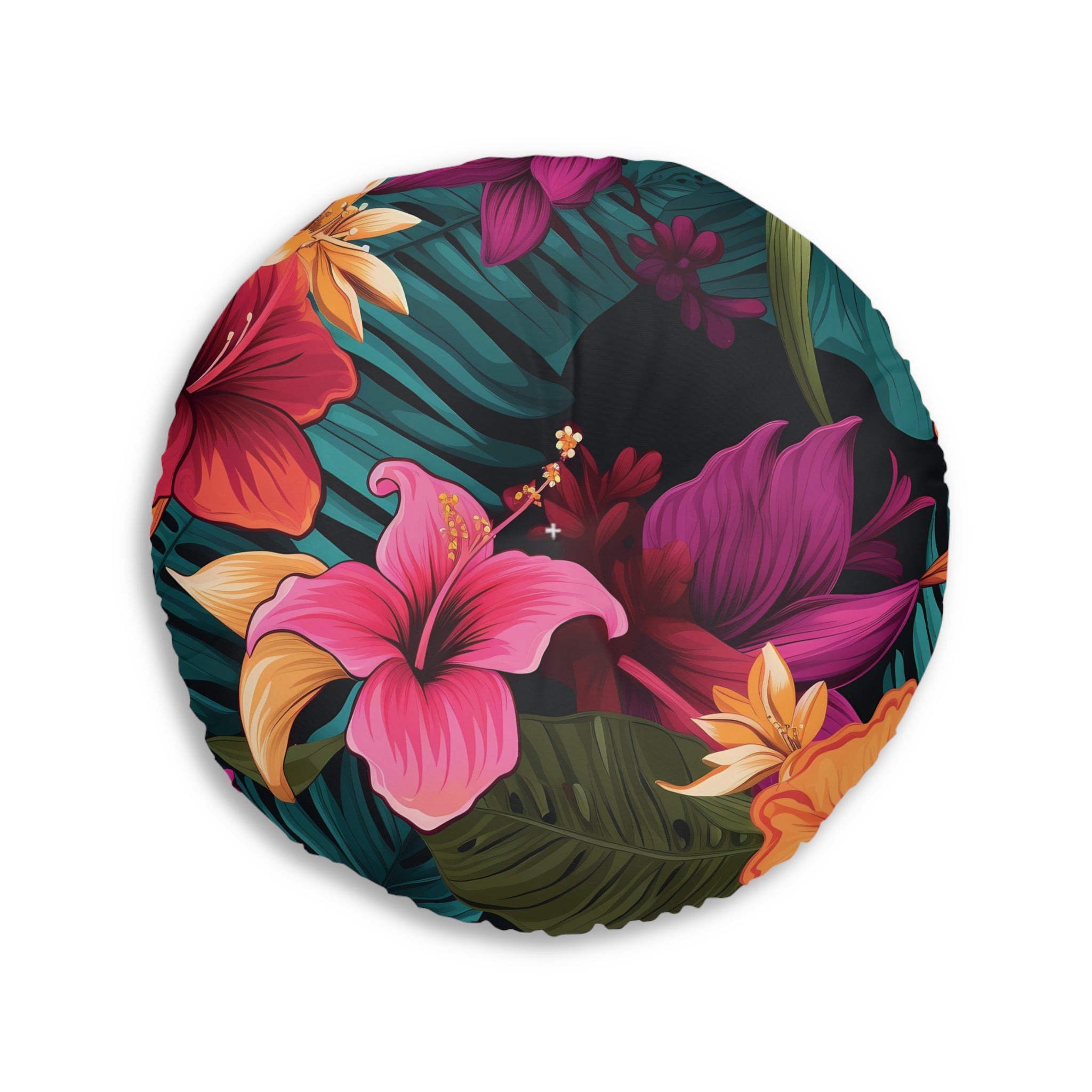 Tropical Hibiscus Round Tufted Floor Pillow - Boho Chic Home Decor