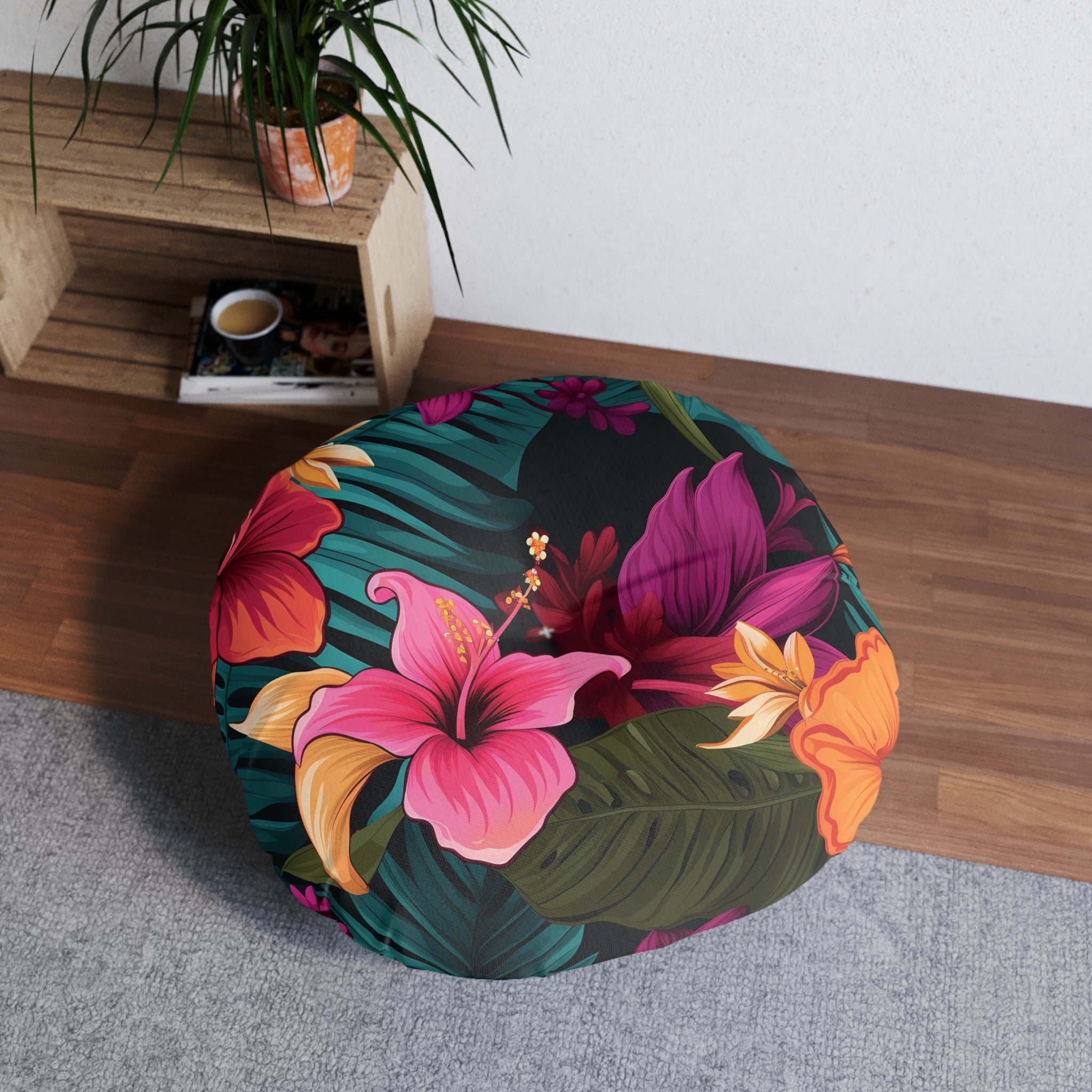Tropical Hibiscus Round Tufted Floor Pillow - Boho Chic Home Decor