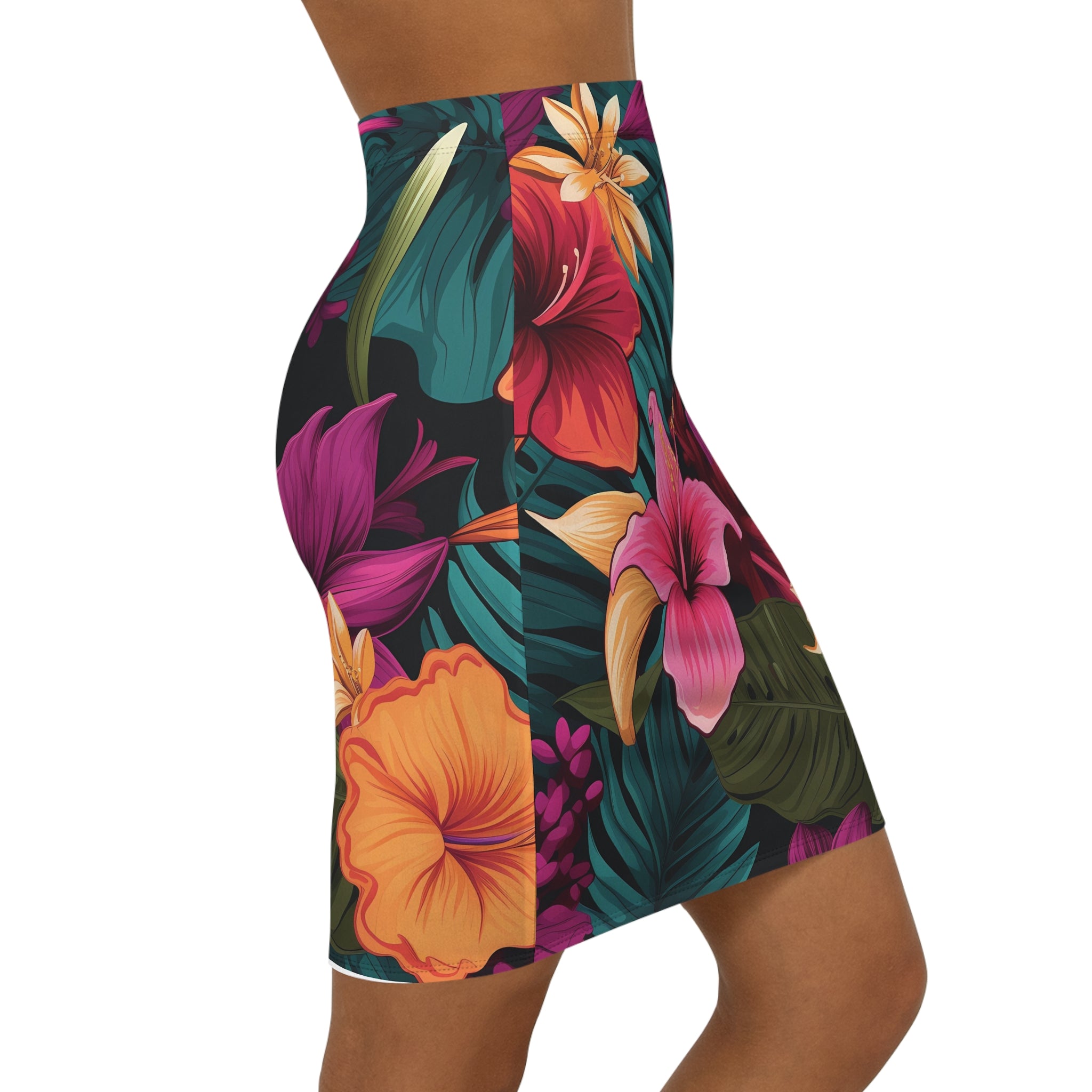 Tropical Floral Women's Mid-Waist Pencil Skirt - Perfect for Summer Events