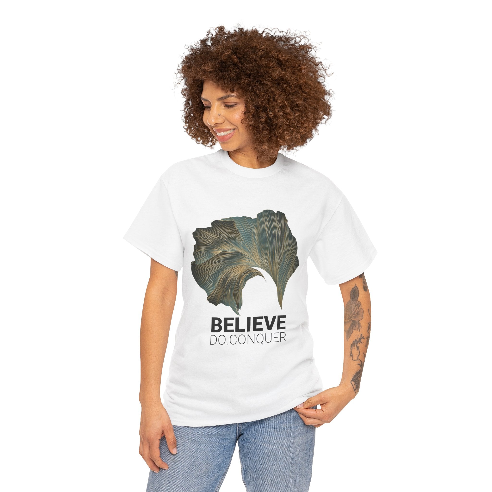 Belive.Do.Conquer Unisex Heavy Cotton Tee - Artistic Leaf Design