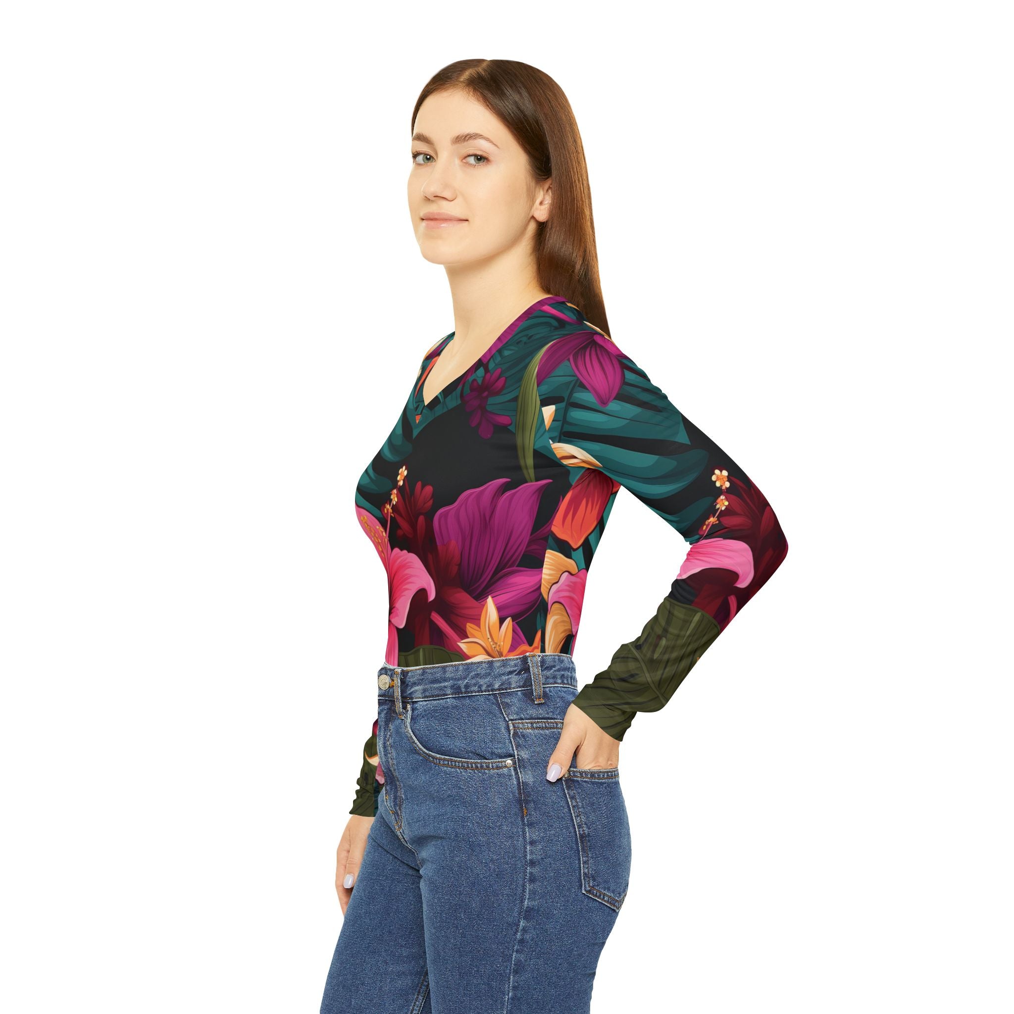 Tropical Floral Long Sleeve V-Neck Shirt for Women - Perfect for Summer & Vacations