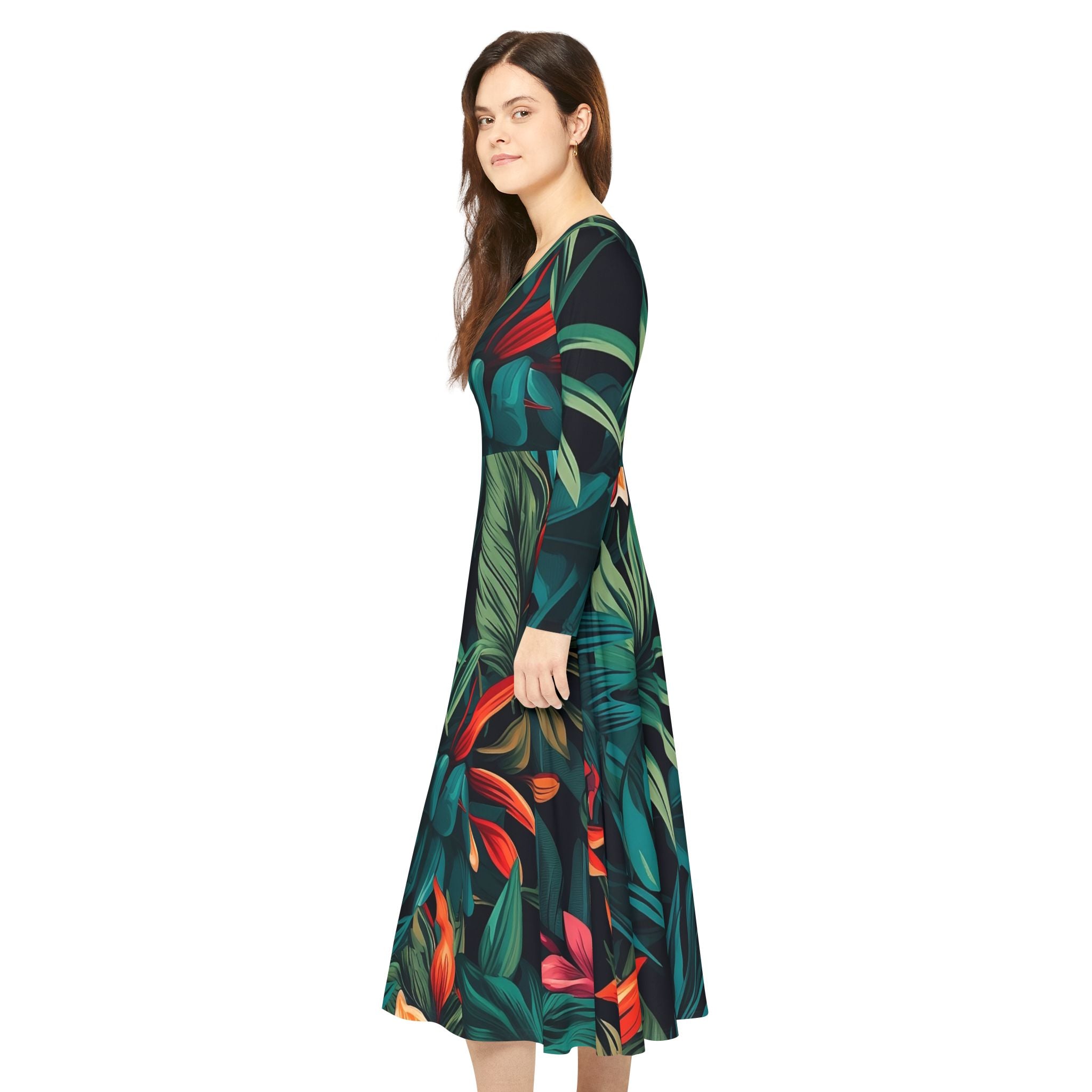 Tropical Floral Long Sleeve Dance Dress for Women - Perfect for Parties and Holidays