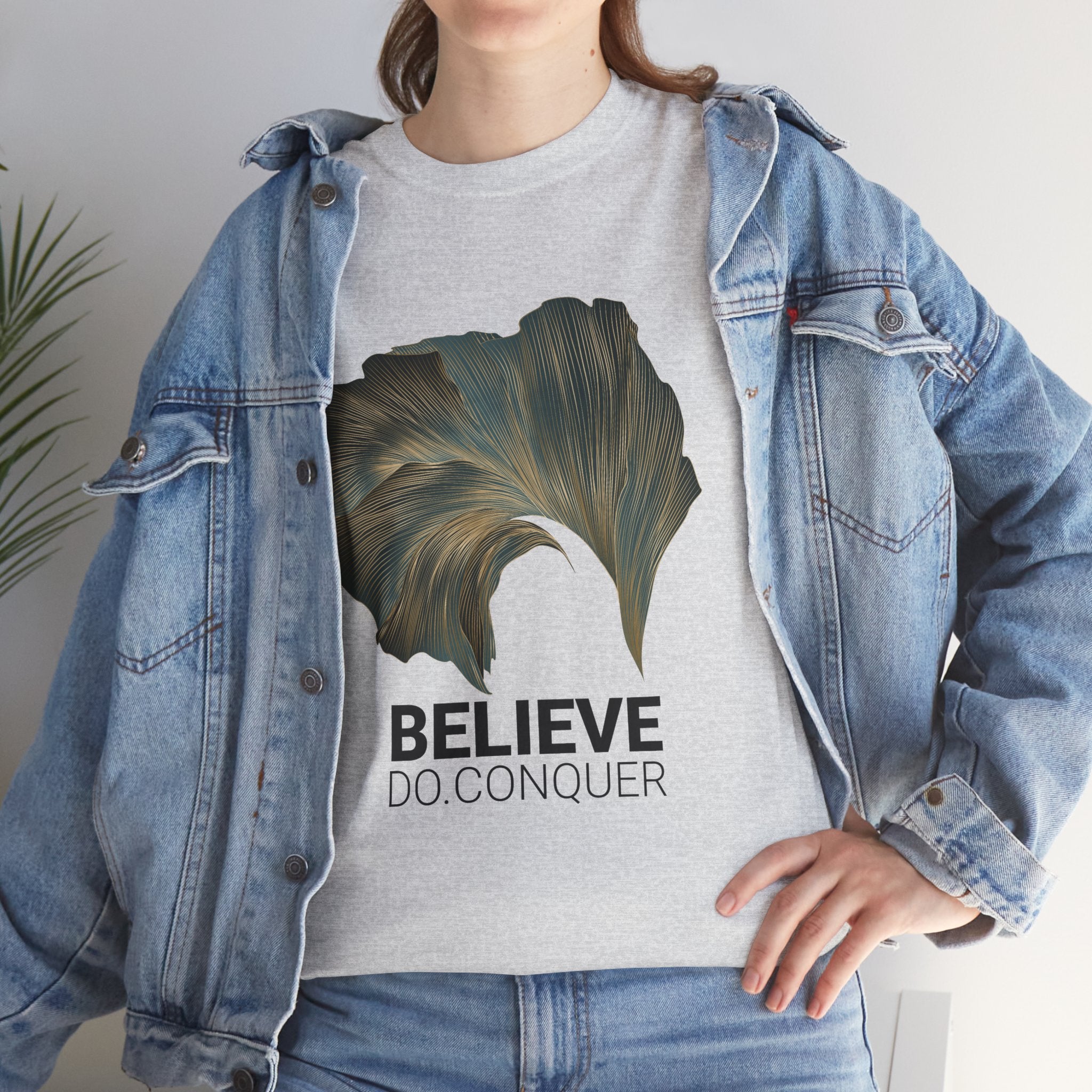 Belive.Do.Conquer Unisex Heavy Cotton Tee - Artistic Leaf Design