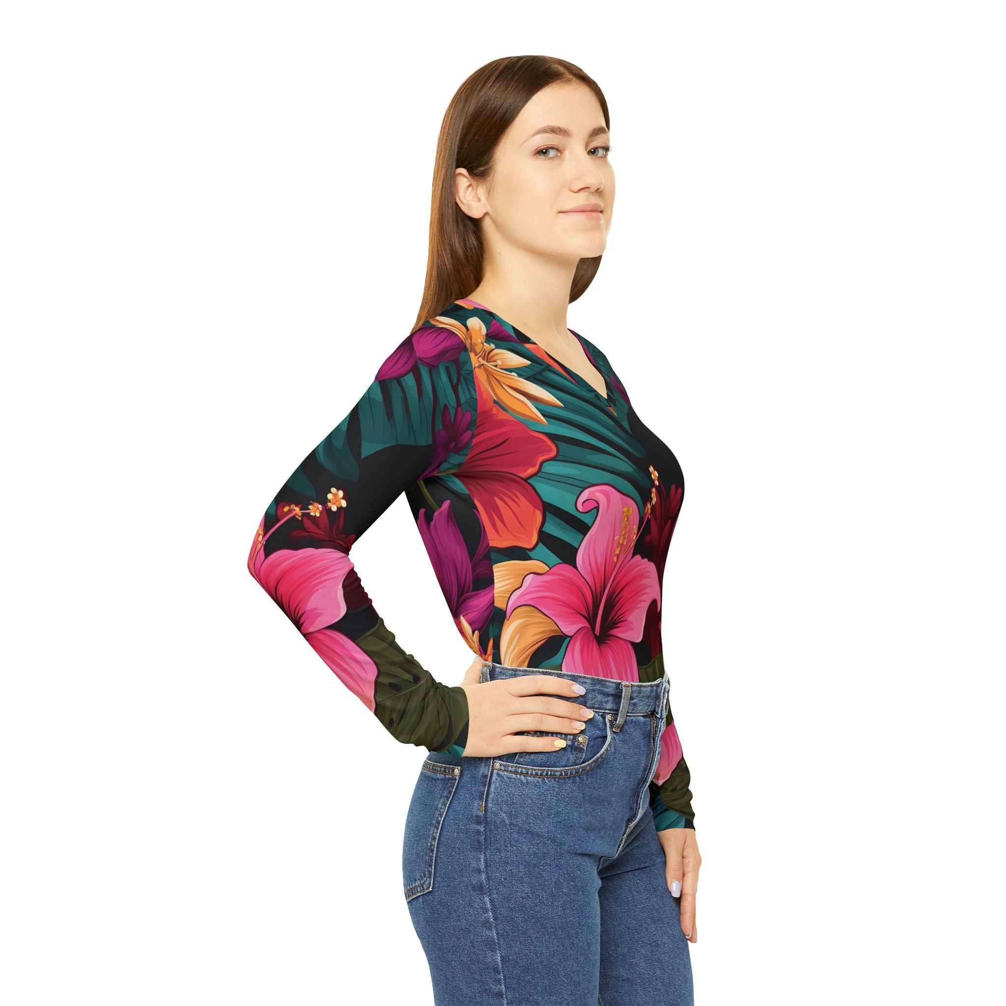 Tropical Floral Long Sleeve V-Neck Shirt for Women - Perfect for Summer & Vacations