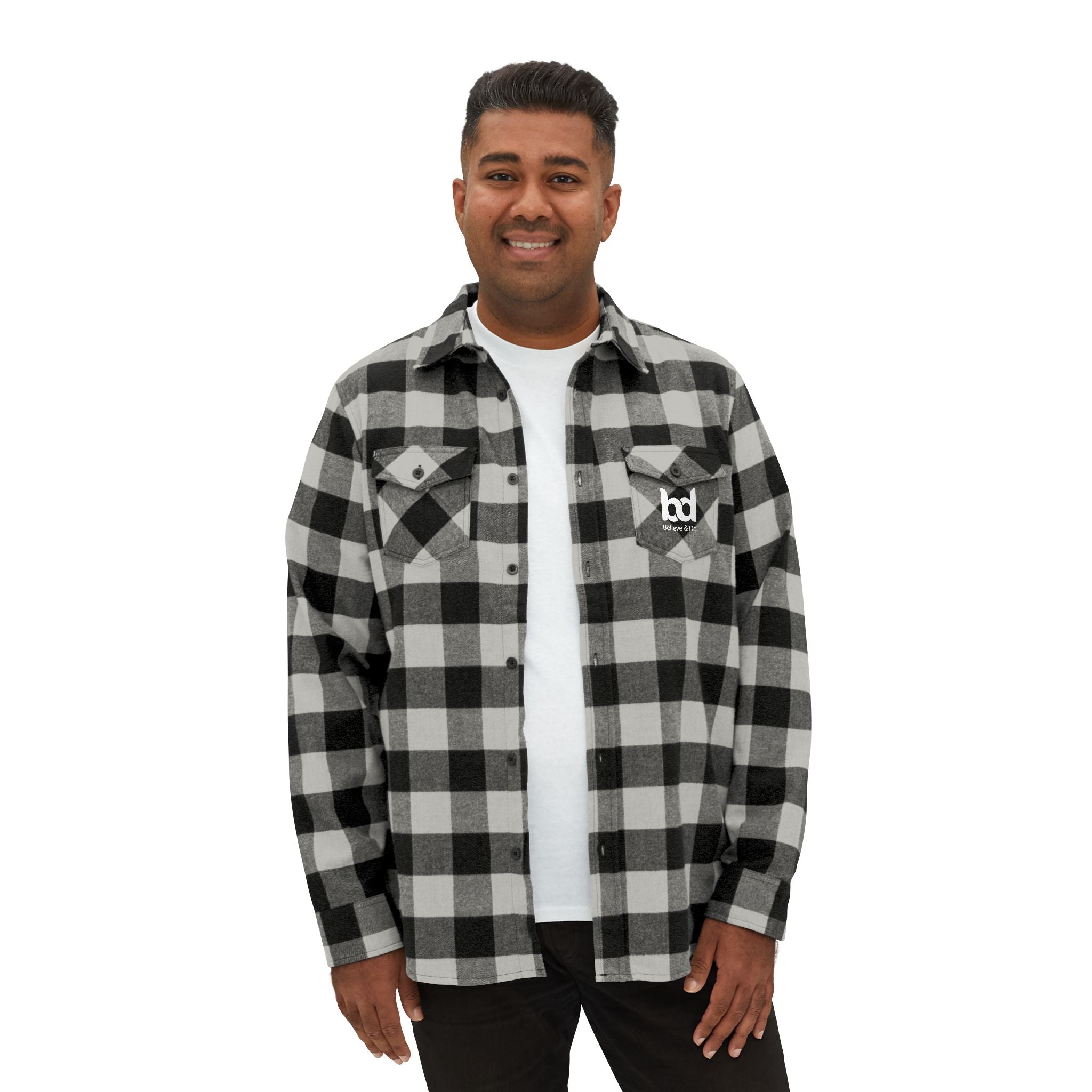 Cozy Comfort with a Purpose: The "Believe & Do" Unisex Flannel Shirt - Cozy Black and Green Plaid Design for Everyday Wear
