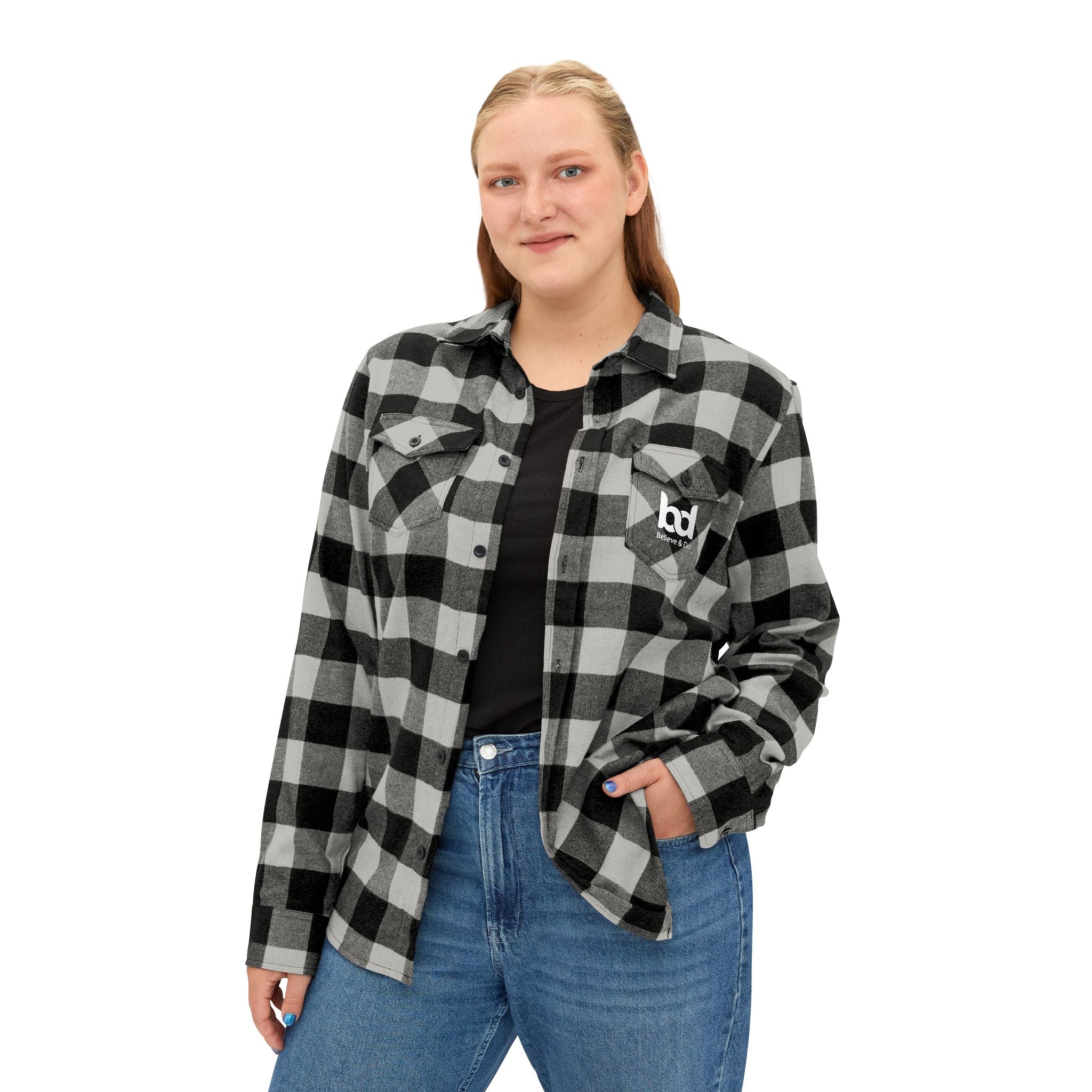 Cozy Comfort with a Purpose: The "Believe & Do" Unisex Flannel Shirt - Cozy Black and Green Plaid Design for Everyday Wear