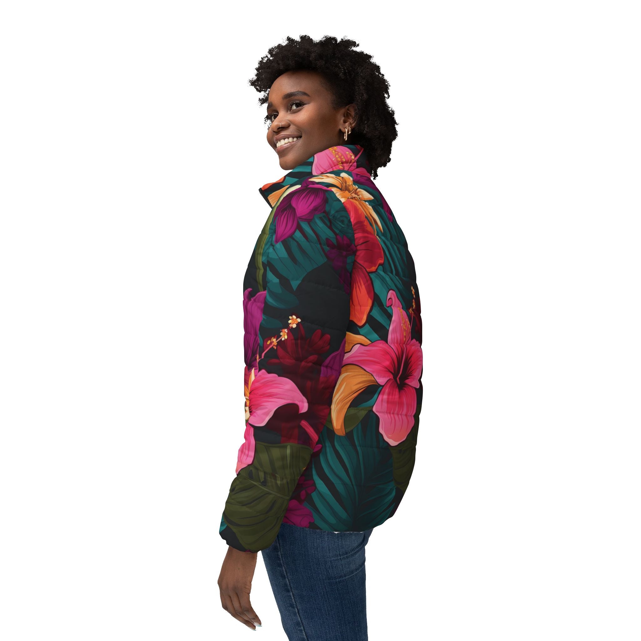 Tropical Floral Women’s Puffer Jacket - Stylish & Cozy for Every Occasion