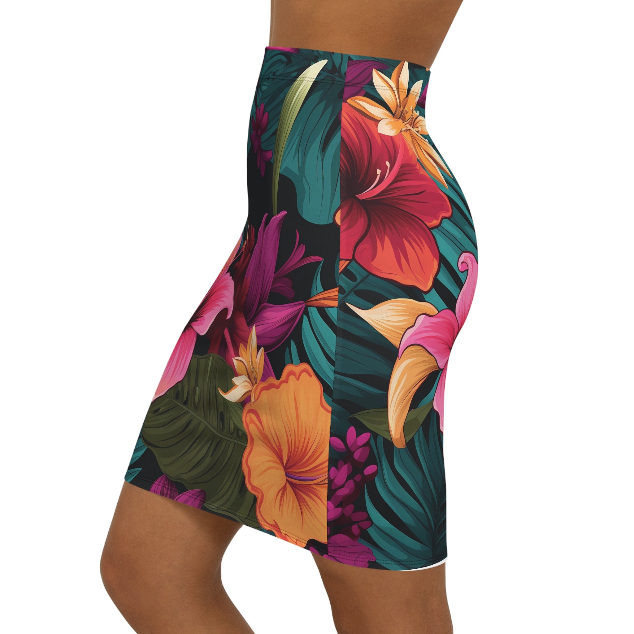Tropical Floral Women's Mid-Waist Pencil Skirt - Perfect for Summer Events