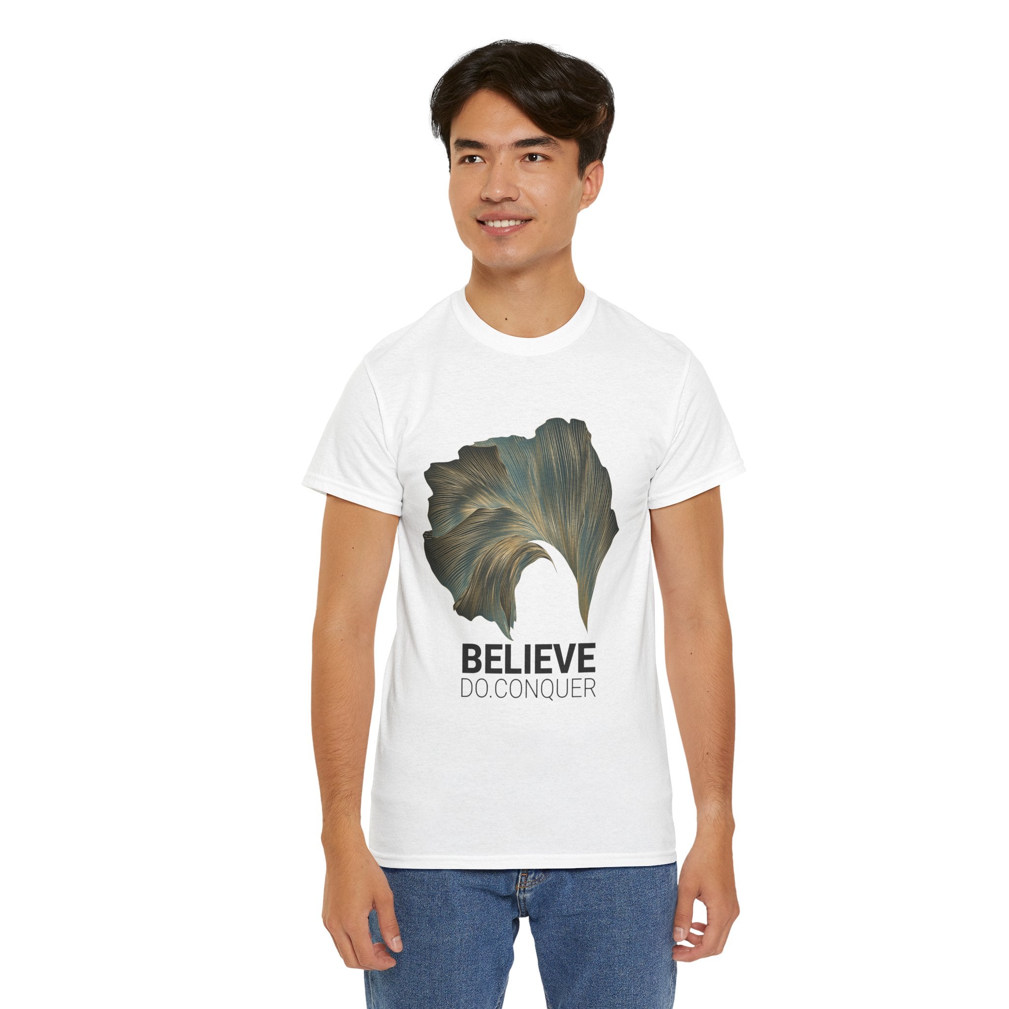 Belive.Do.Conquer Unisex Heavy Cotton Tee - Artistic Leaf Design