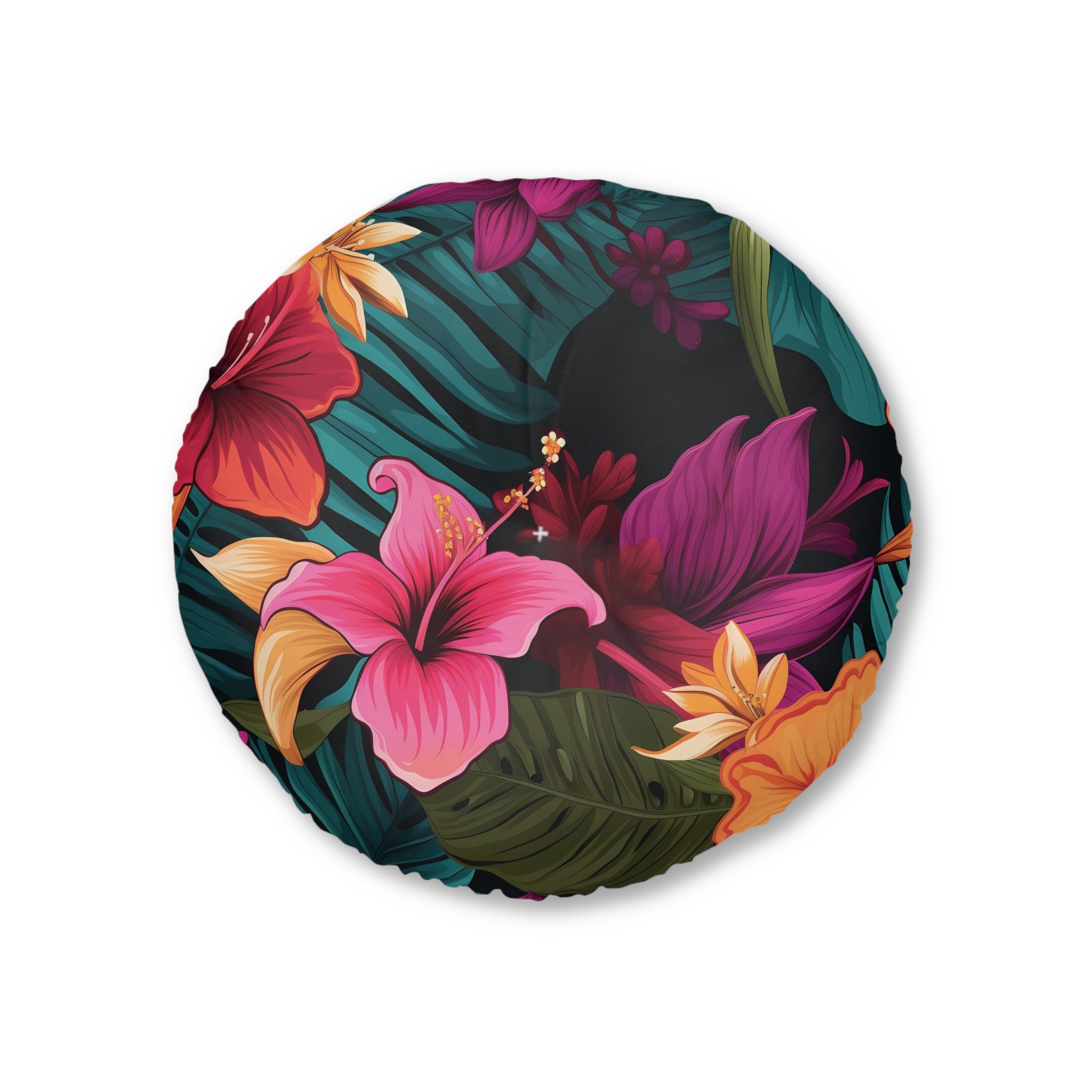 Tropical Hibiscus Round Tufted Floor Pillow - Boho Chic Home Decor