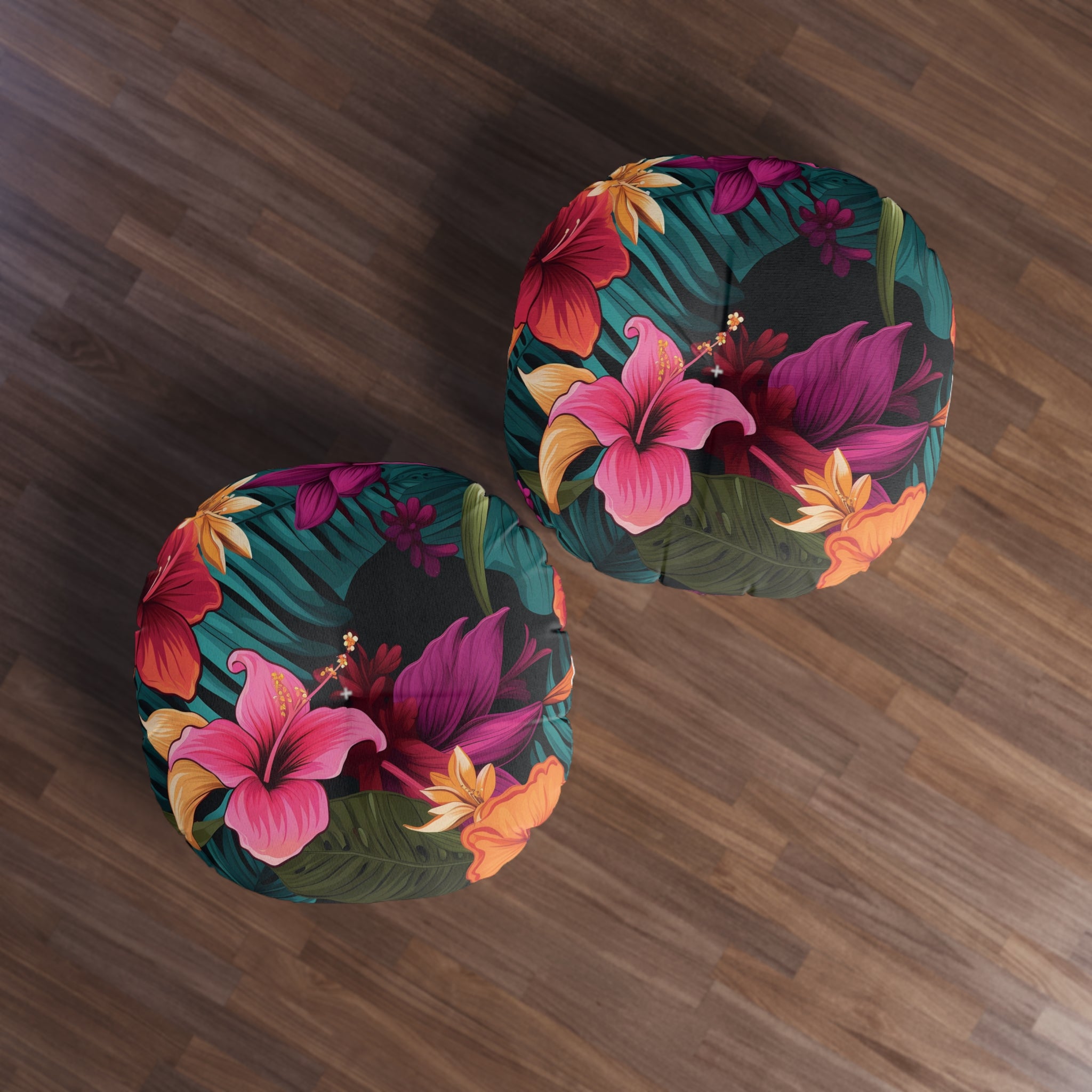 Tropical Hibiscus Round Tufted Floor Pillow - Boho Chic Home Decor