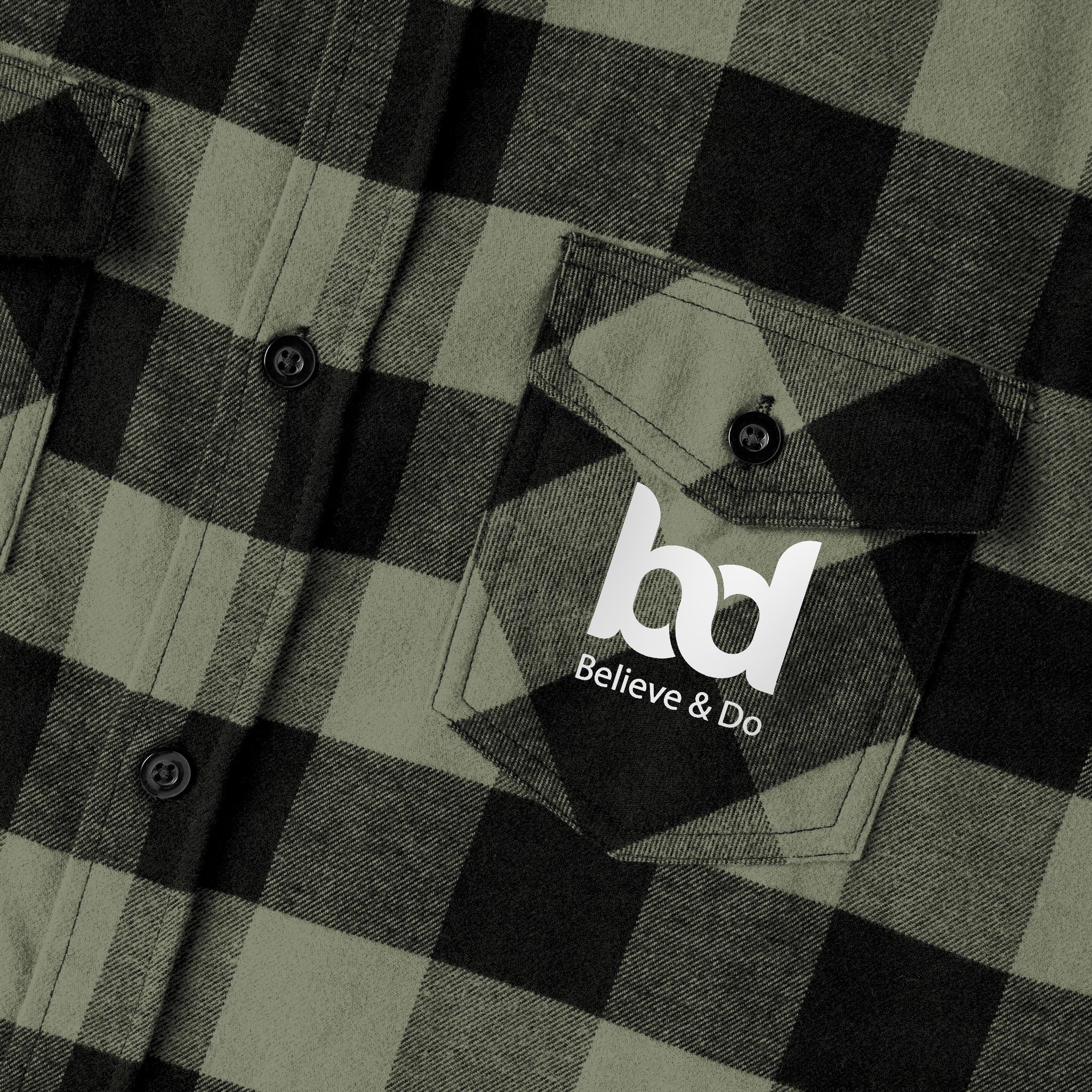 Cozy Comfort with a Purpose: The "Believe & Do" Unisex Flannel Shirt - Cozy Black and Green Plaid Design for Everyday Wear
