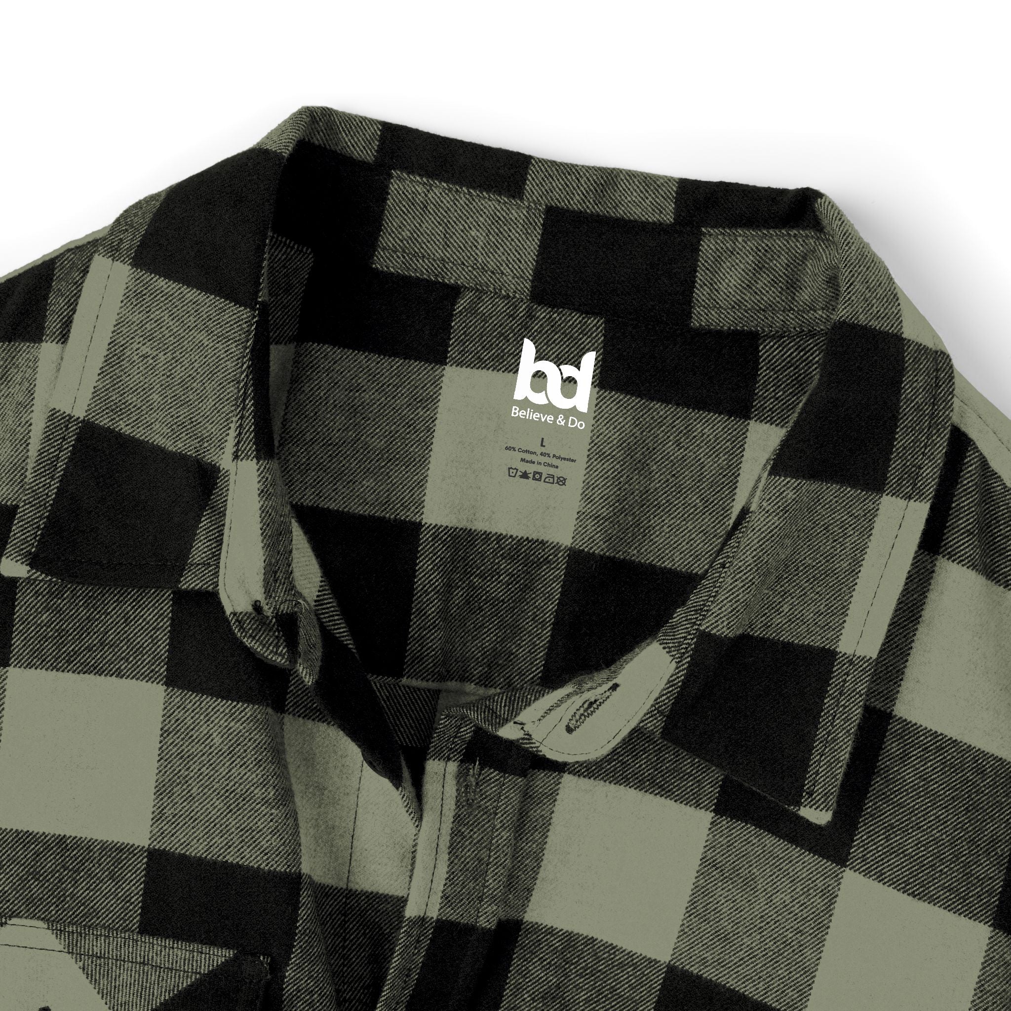 Cozy Comfort with a Purpose: The "Believe & Do" Unisex Flannel Shirt - Cozy Black and Green Plaid Design for Everyday Wear