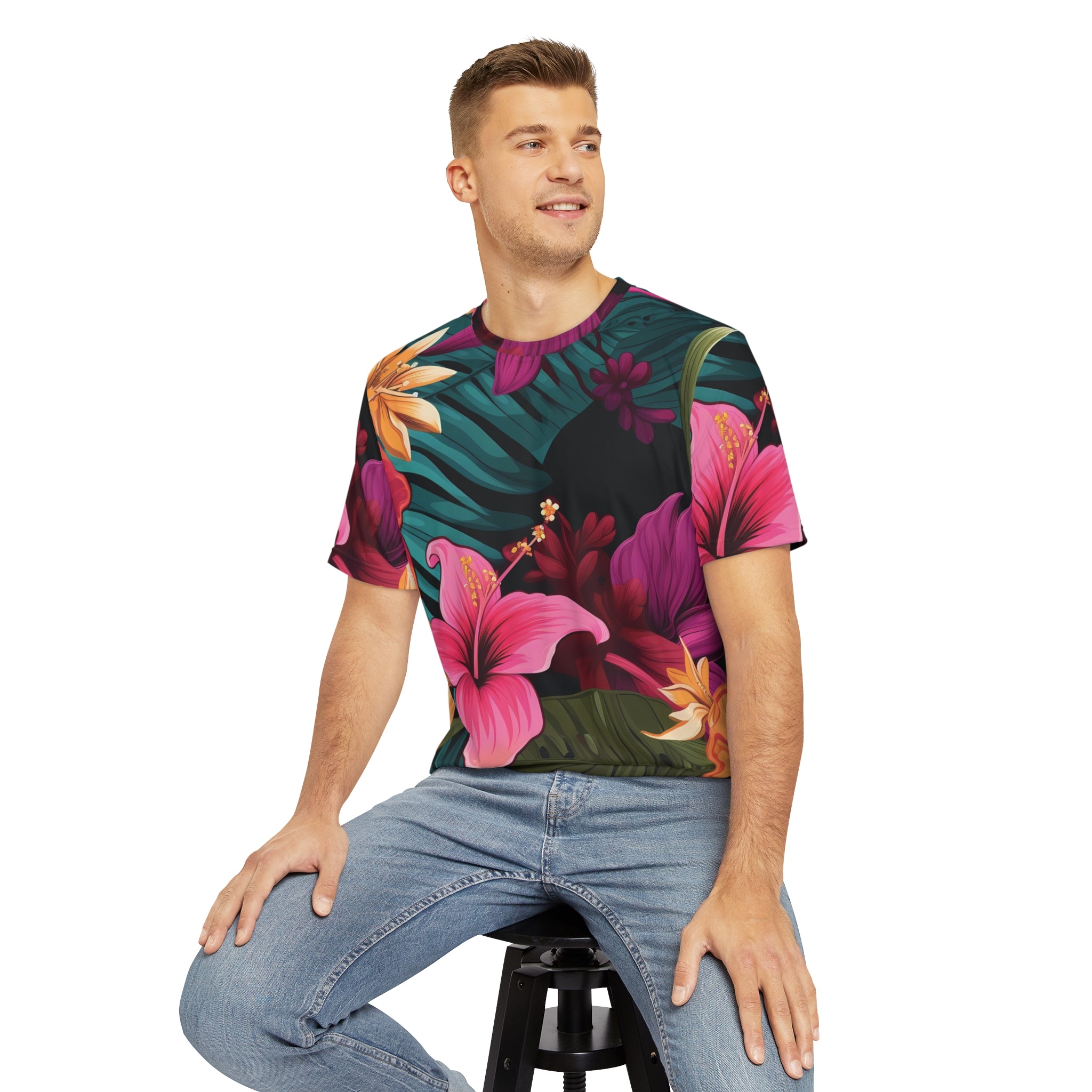 Tropical Floral Men's Polyester Tee - Vibrant, Stylish Summer Shirt