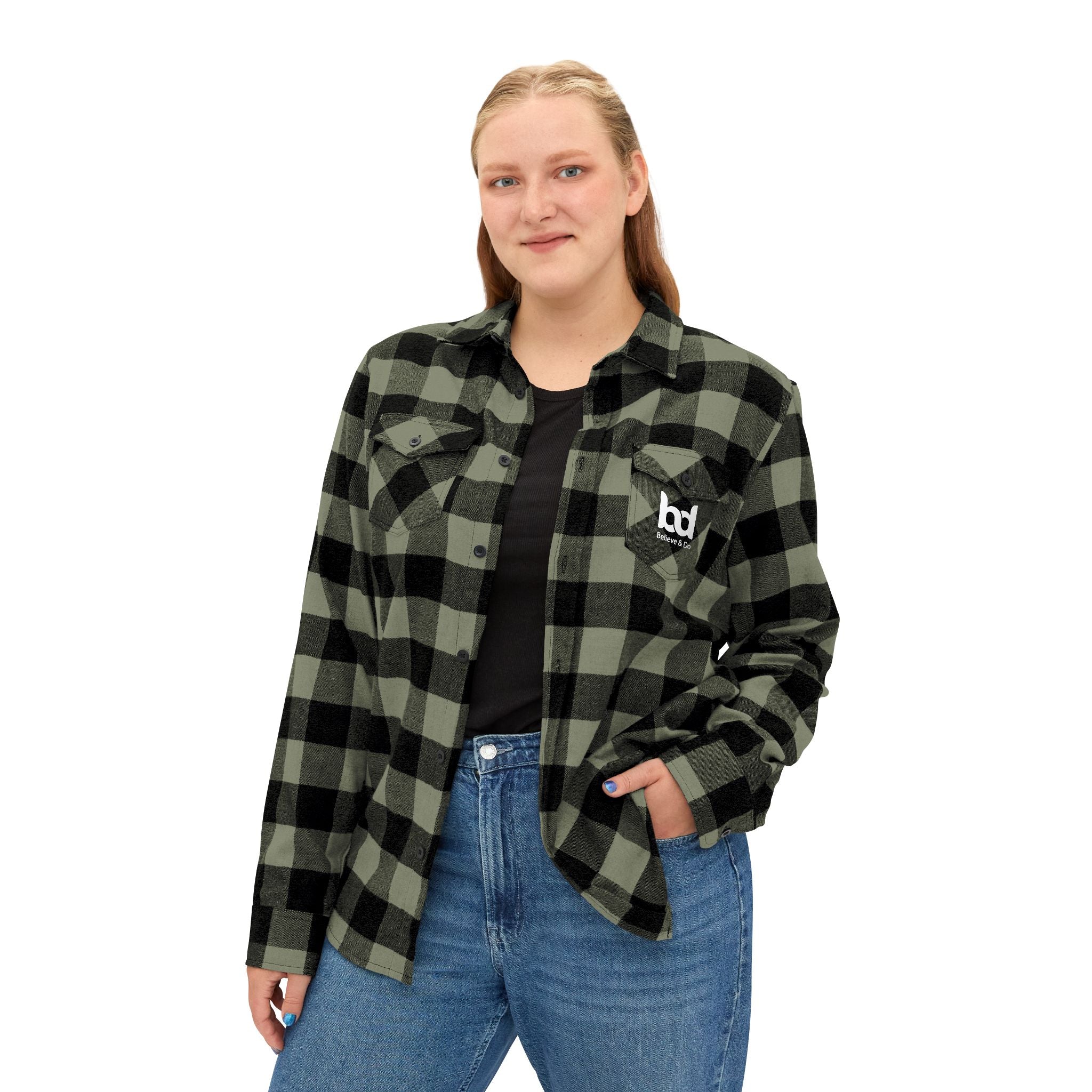 Cozy Comfort with a Purpose: The "Believe & Do" Unisex Flannel Shirt - Cozy Black and Green Plaid Design for Everyday Wear