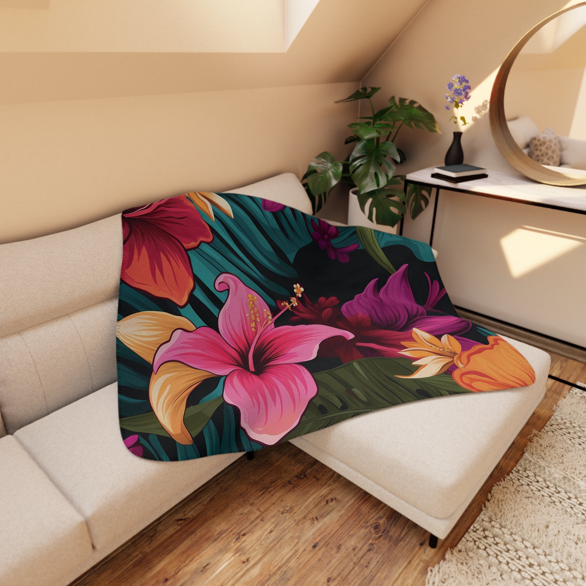 Tropical Floral Sherpa Blanket - Cozy Home Decor for Relaxation and Gifting