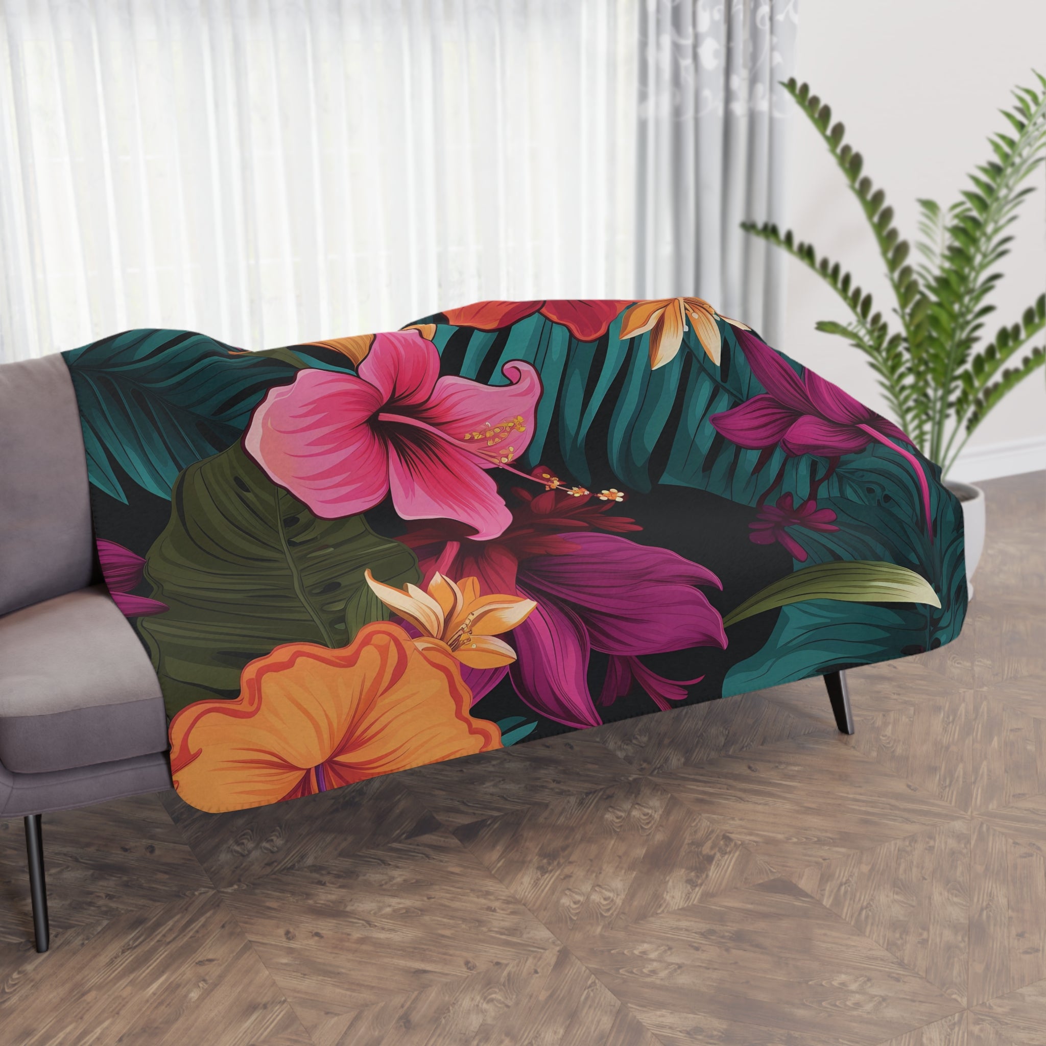 Tropical Floral Sherpa Blanket - Cozy Home Decor for Relaxation and Gifting
