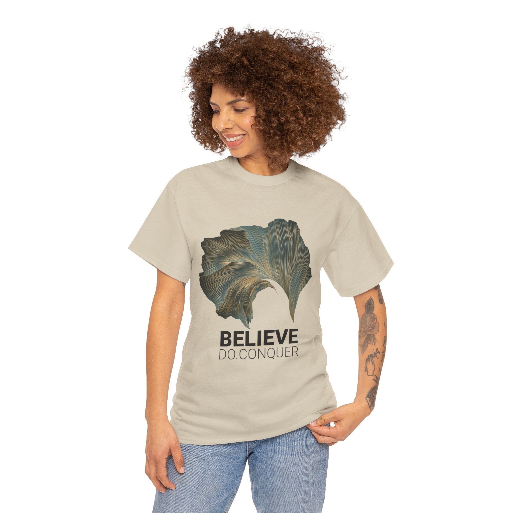 Belive.Do.Conquer Unisex Heavy Cotton Tee - Artistic Leaf Design