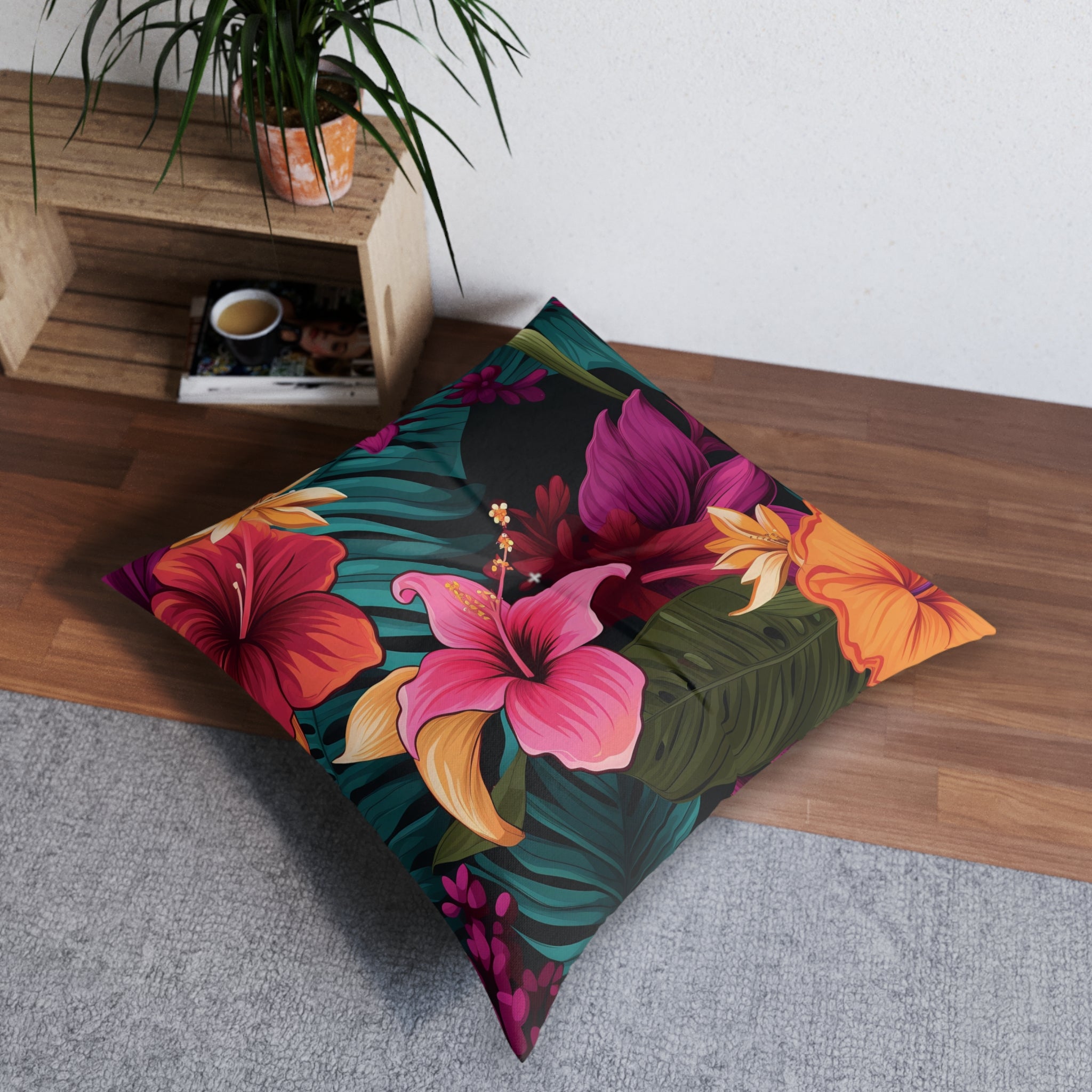 Tropical Floral Tufted Floor Pillow - Vibrant Square Cushion for Home Decor
