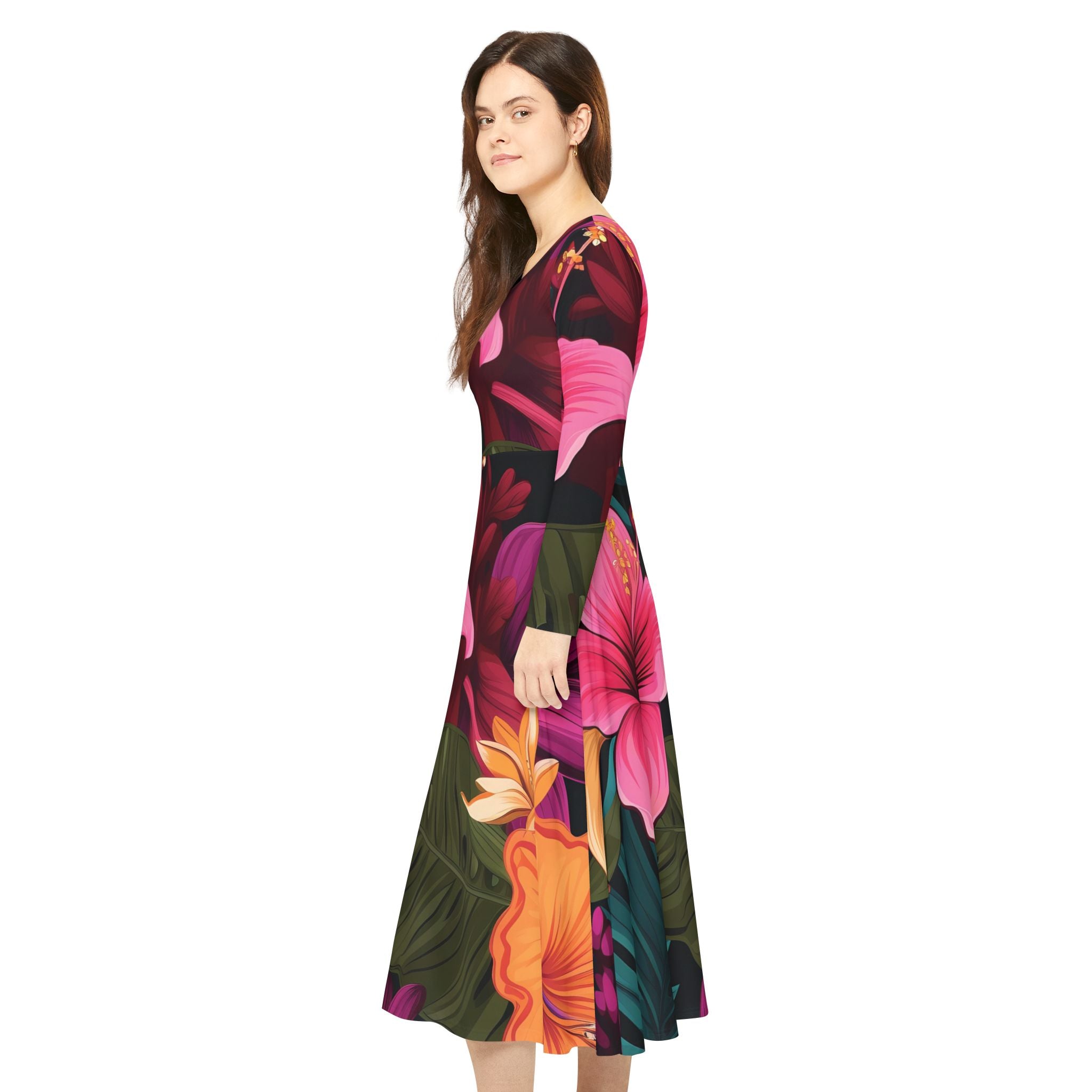 Tropical Long Sleeve Dance Dress for Women - Floral Print