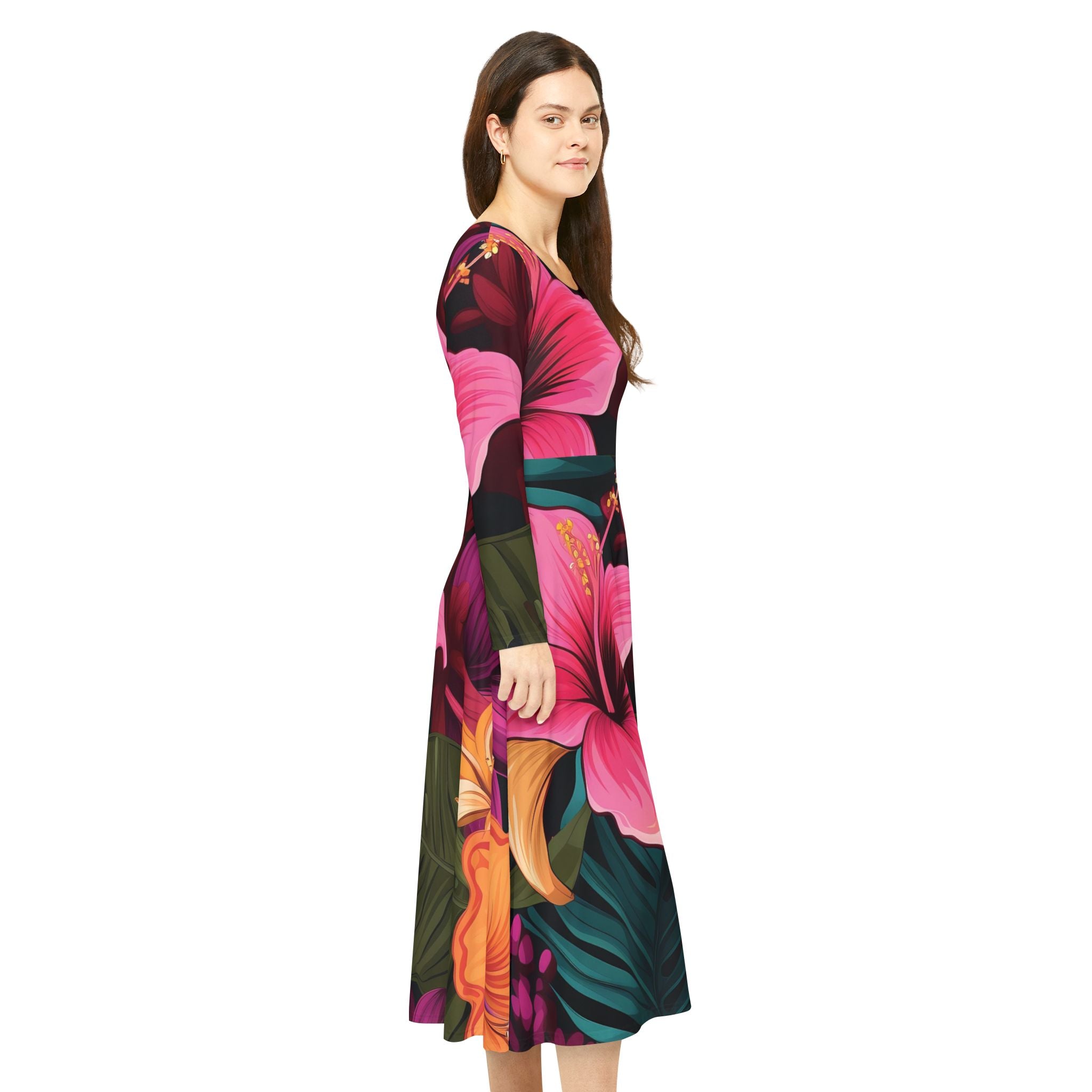 Tropical Long Sleeve Dance Dress for Women - Floral Print