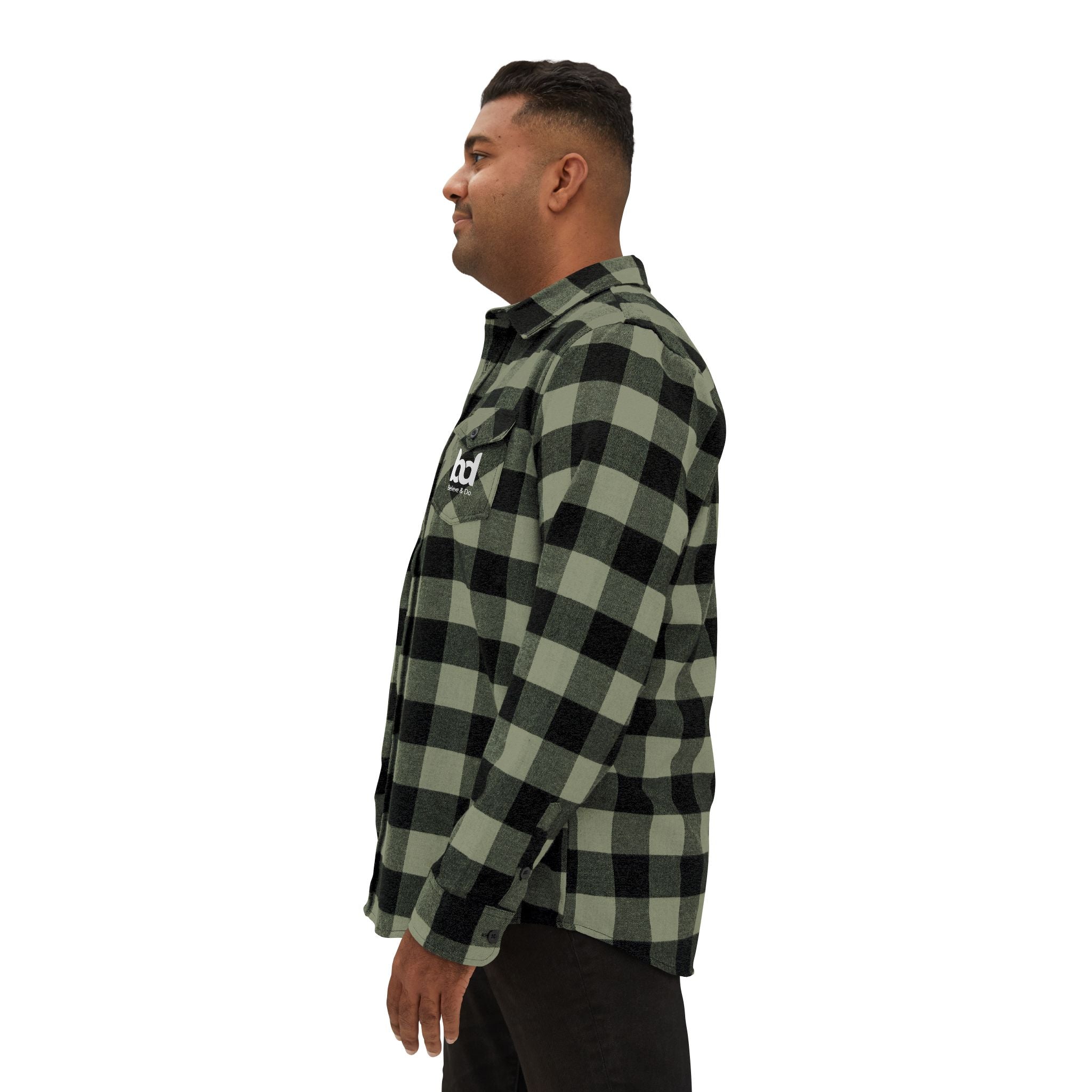 Cozy Comfort with a Purpose: The "Believe & Do" Unisex Flannel Shirt - Cozy Black and Green Plaid Design for Everyday Wear