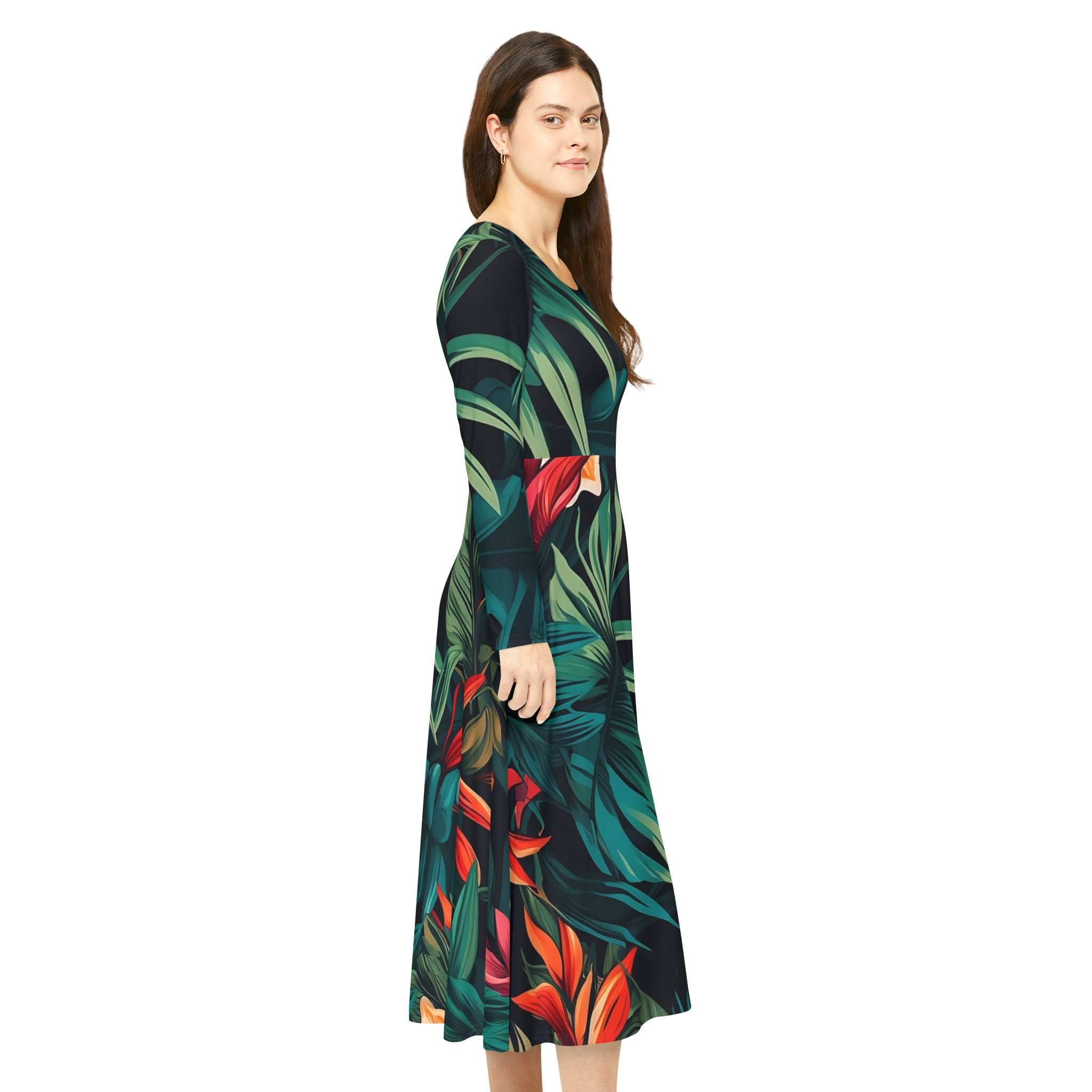 Tropical Floral Long Sleeve Dance Dress for Women - Perfect for Parties and Holidays