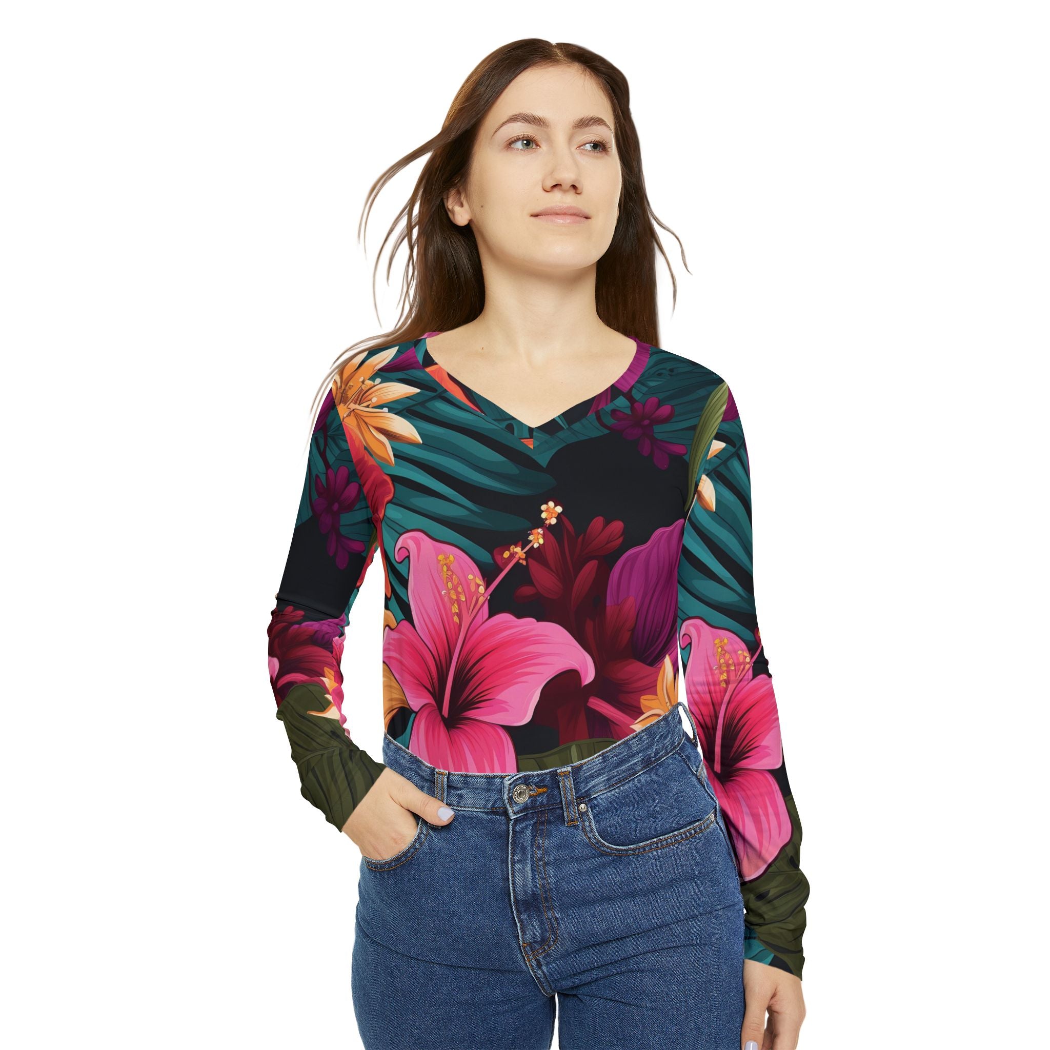 Tropical Floral Long Sleeve V-Neck Shirt for Women - Perfect for Summer & Vacations